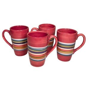 Tabletops Gallery Sedona Hand Painted Watercolor Ceramic Stripes Set of 4 Mugs